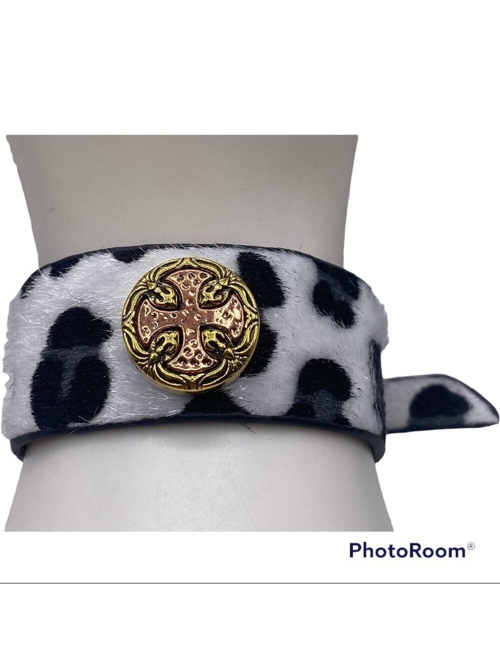 Fun Faux Cow Hide Snap Bracelet w/ Brass Colored Celtic Cross! Size: Small-Med